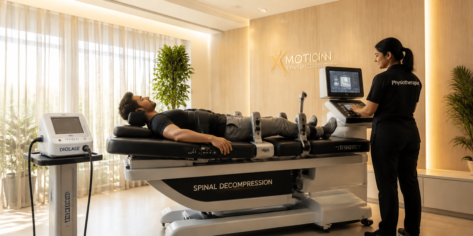A patient receiving robotic spinal decompression therapy at Vasavi Robospine, MVP Colony, Visakhapatnam